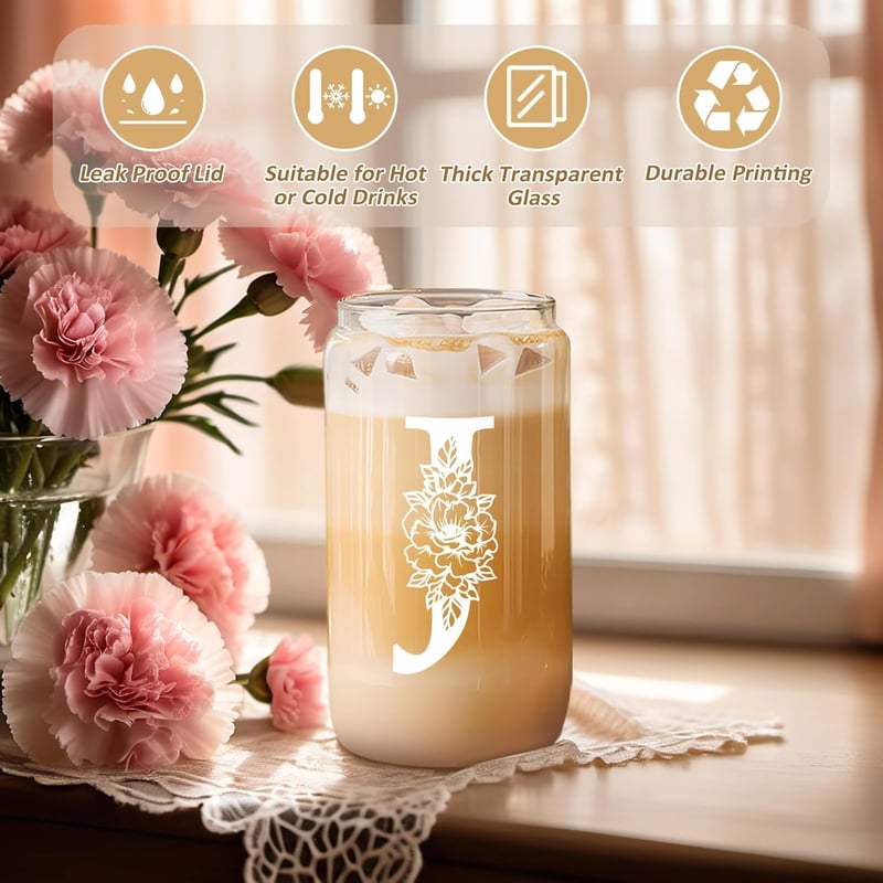 Personalized 16 oz Initial Glass Cup with Lid & Straw for Her
