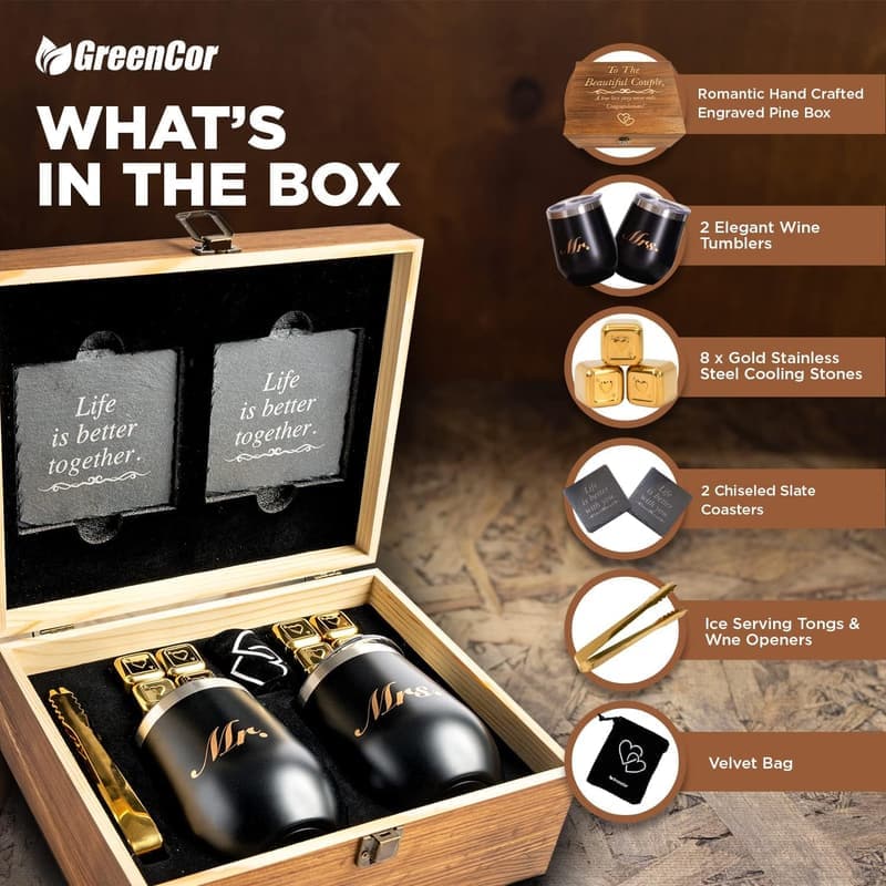 Engagement Wine Tumbler Set for Couples - 'To The Beautiful Couple'