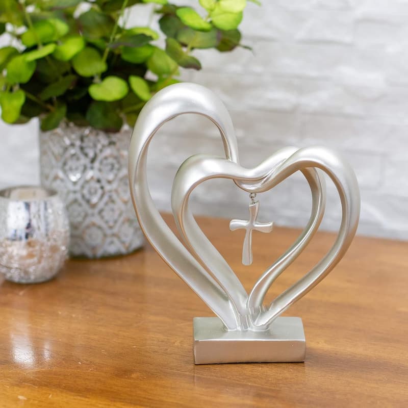 13th Anniversary Matte Silver Heart Cross Tabletop Decor
