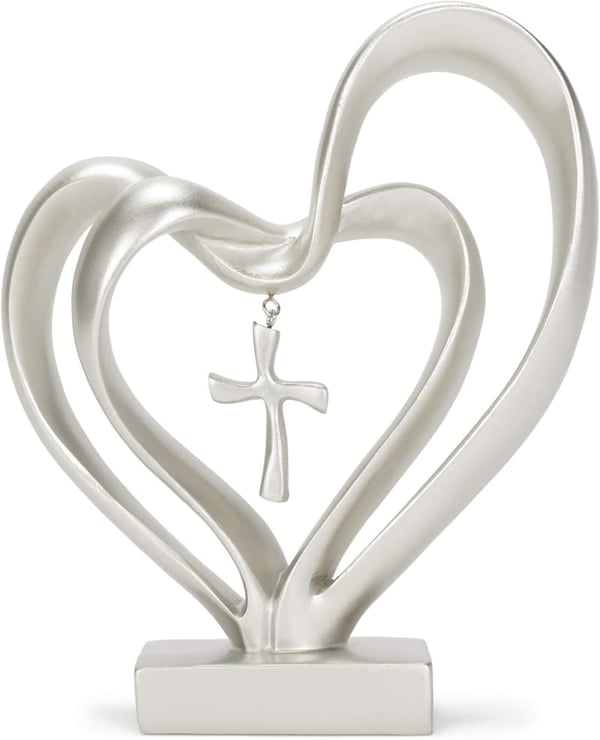 13th Anniversary Matte Silver Heart Cross Tabletop Decor