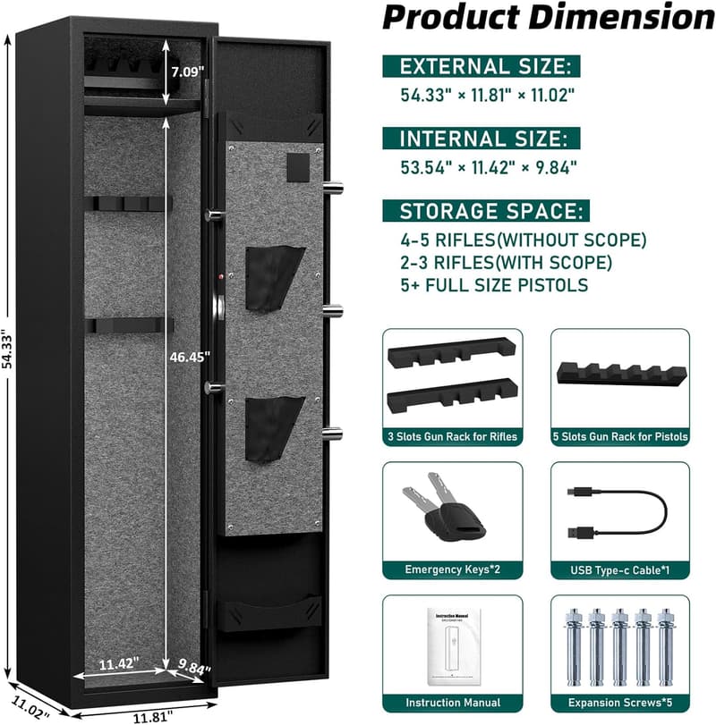 Long Gun Safe with Backlit Keypad and LED Light