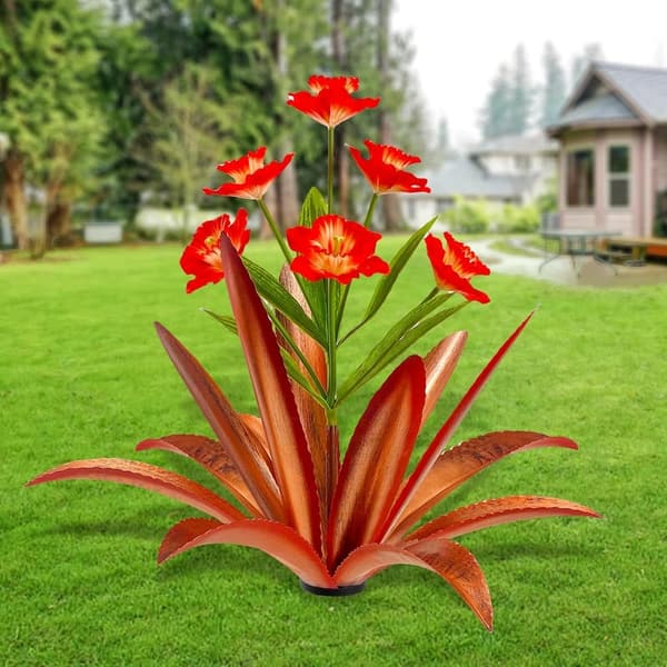 Outdoor Garden Decor: Large Red Metal Agave Plant Art