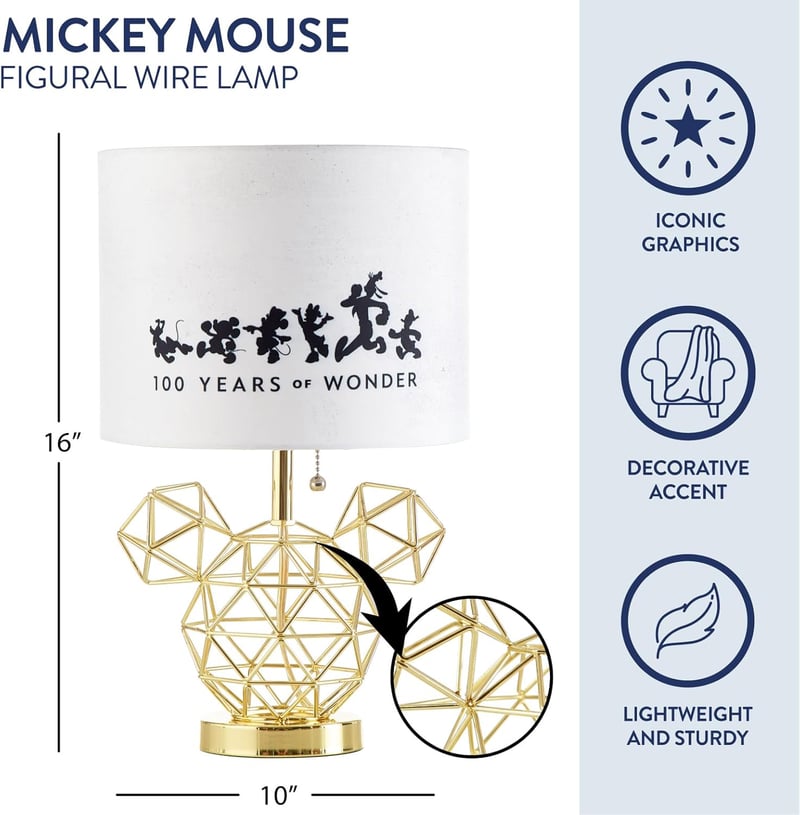 Disney Mickey Mouse Table Lamp with Gold Wire Base and Printed Shade