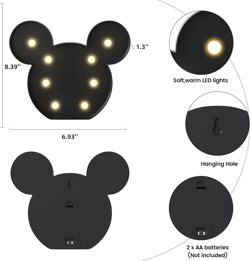 Battery-Powered Black Mouse Night Light for Kids' Rooms