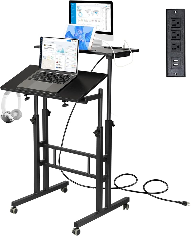 Adjustable Mobile Standing Desk with Charging Station - Black