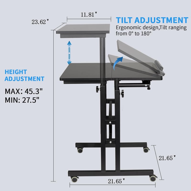 Adjustable Mobile Standing Desk with Charging Station - Black