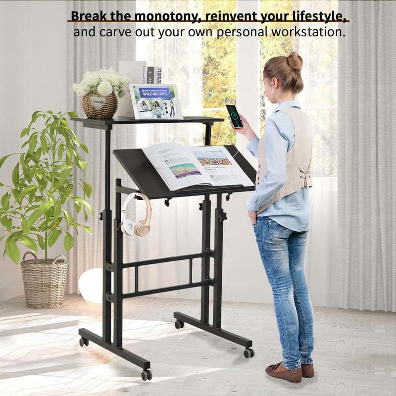 Adjustable Mobile Standing Desk with Charging Station - Black