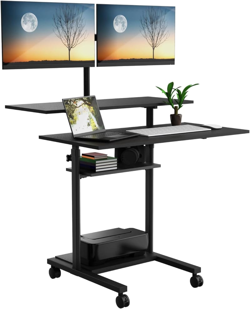 Height Adjustable Mobile Desk with Dual Monitor Mounts, Black