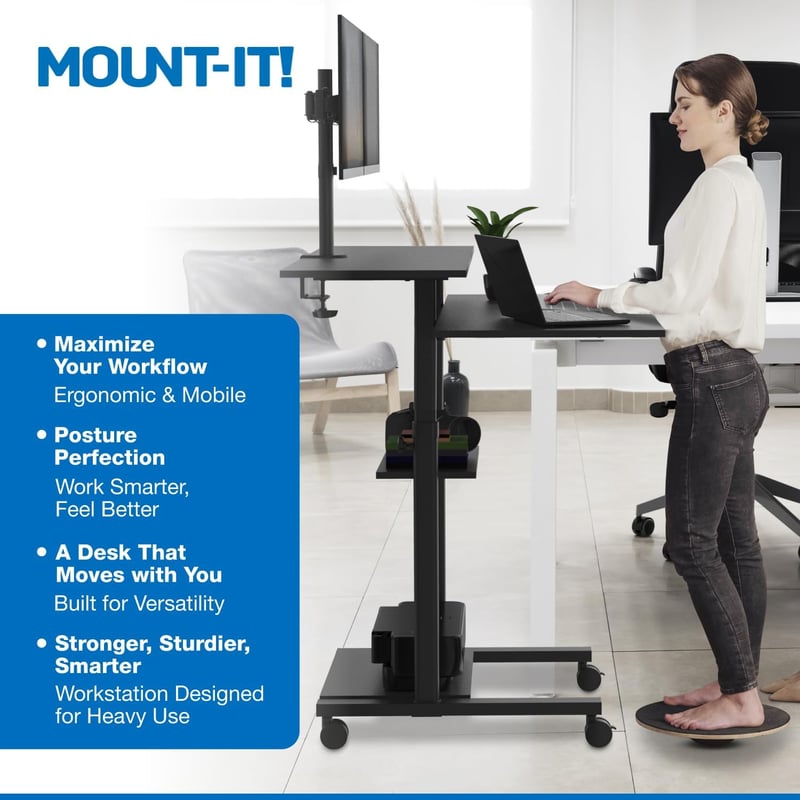 Height Adjustable Mobile Desk with Dual Monitor Mounts, Black