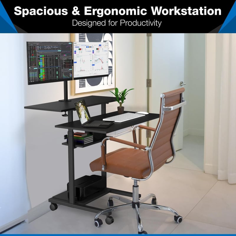 Height Adjustable Mobile Desk with Dual Monitor Mounts, Black