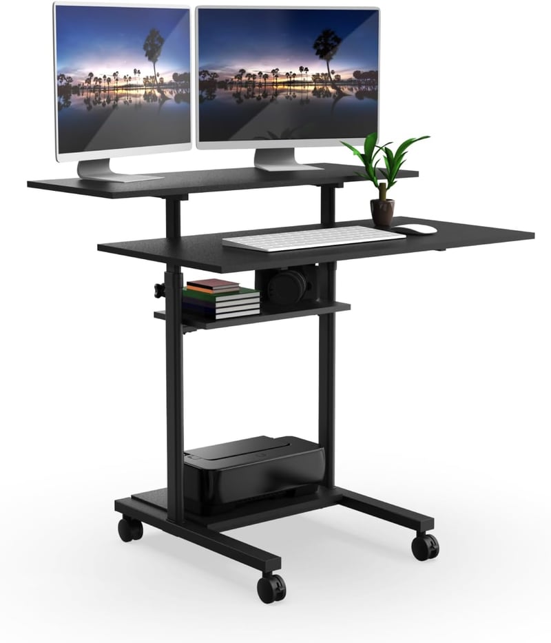 Height Adjustable Mobile Desk Workstation with Rolling Shelves