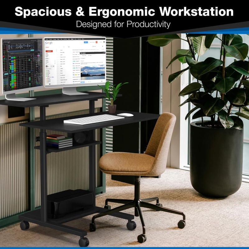 Height Adjustable Mobile Desk Workstation with Rolling Shelves