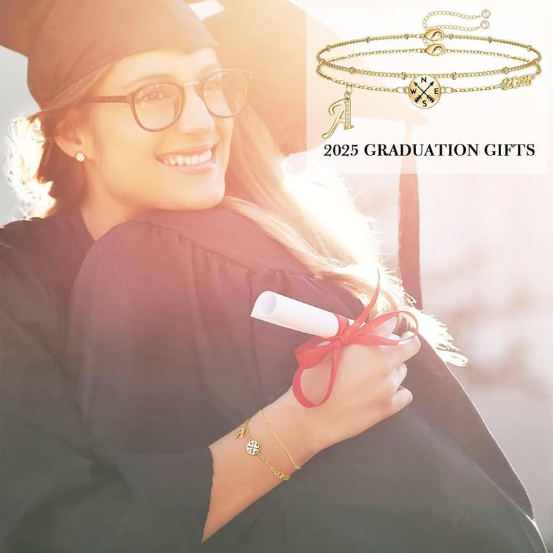 2025 Graduation Gift: 14K Gold Plated Compass Bracelet for Her