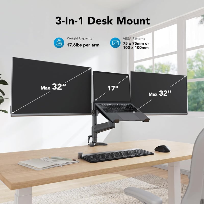 Adjustable Dual Monitor and Laptop Mount for 32” & 17” Devices