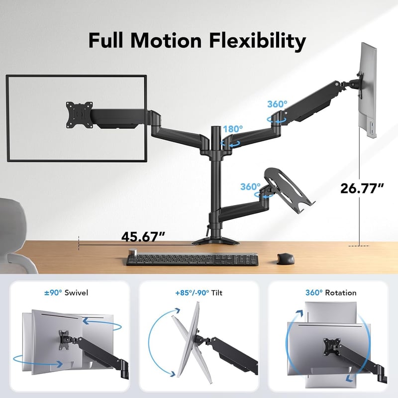 Adjustable Dual Monitor and Laptop Mount for 32” & 17” Devices
