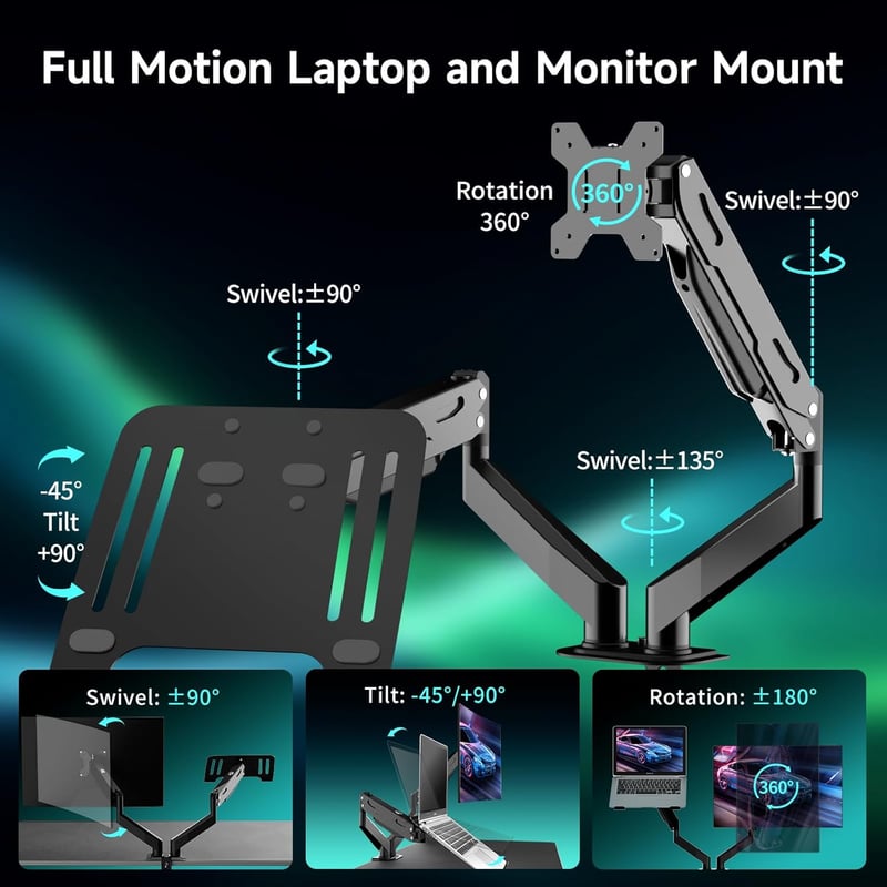 Dual Monitor & Laptop Mount - Adjustable Gas Spring Arm, 32