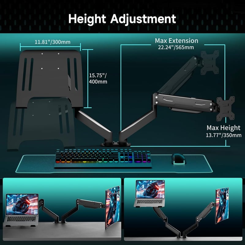 Dual Monitor & Laptop Mount - Adjustable Gas Spring Arm, 32