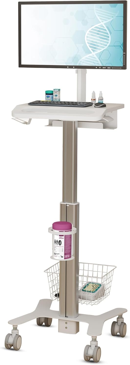 Height Adjustable Medical Trolley Cart with Keyboard and Basket