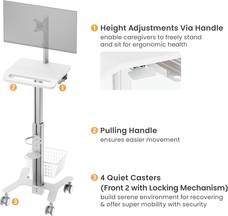 Height Adjustable Medical Trolley Cart with Keyboard and Basket