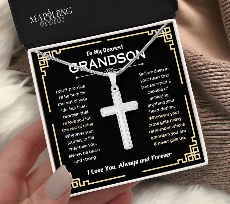 Grandson Birthday Necklace with Cross Chain and Gift Box