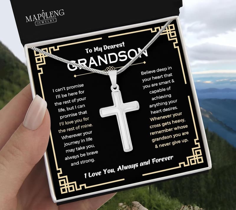 Grandson Birthday Necklace with Cross Chain and Gift Box