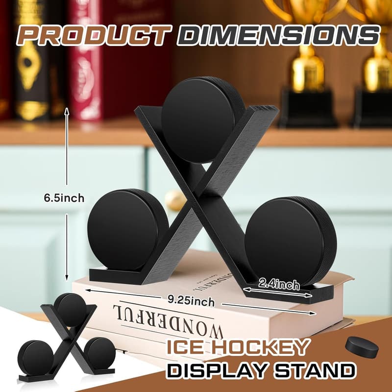 Hockey Puck Display Case for 3, Wood Stand - Sports Decor