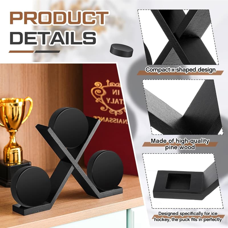 Hockey Puck Display Case for 3, Wood Stand - Sports Decor
