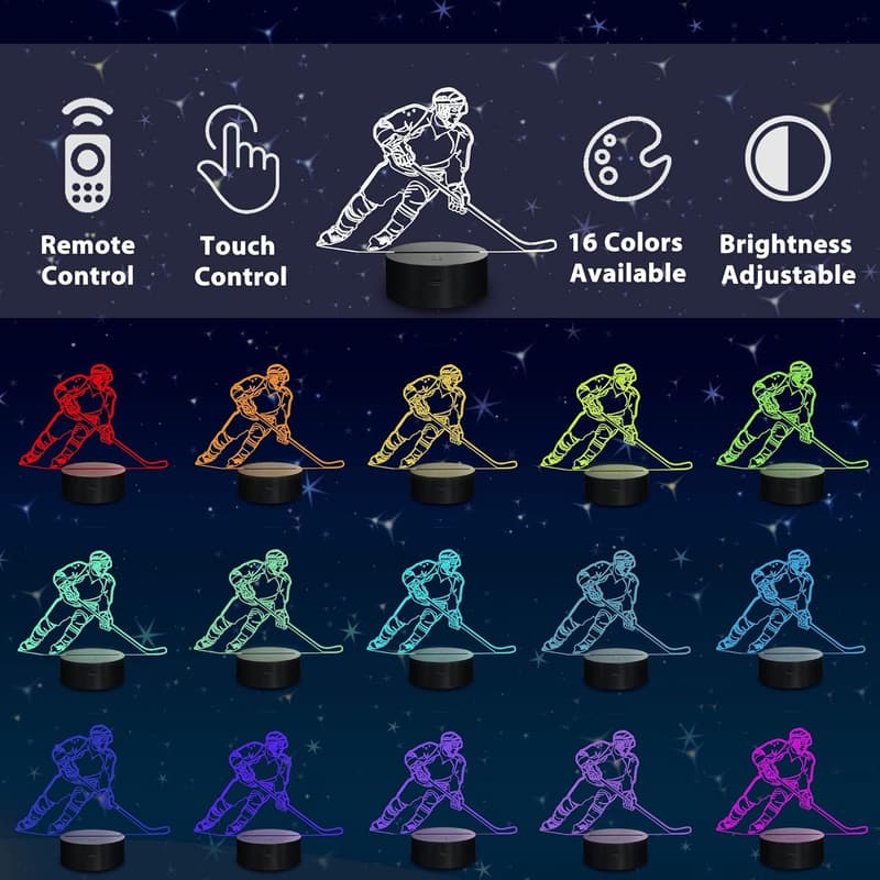 3D Ice Hockey Player Night Light - LED Touch Lamp with Remote