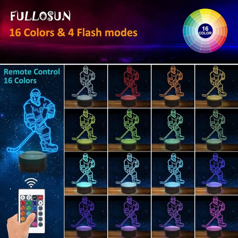 3D Hockey Night Light with Remote - Color Changing Lamp for Kids