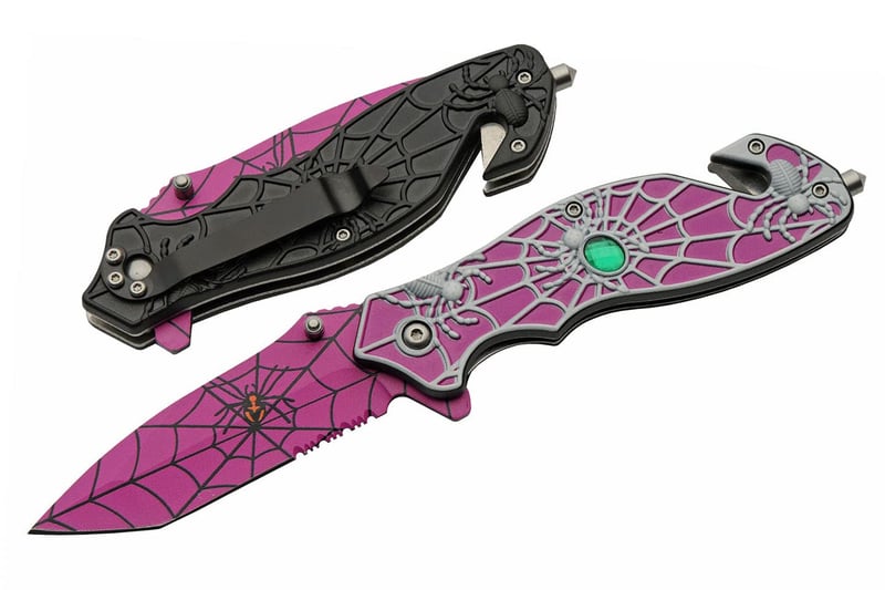 Purple Spider Web Assisted Open Folding Knife - 8” EDC Rescue Tool