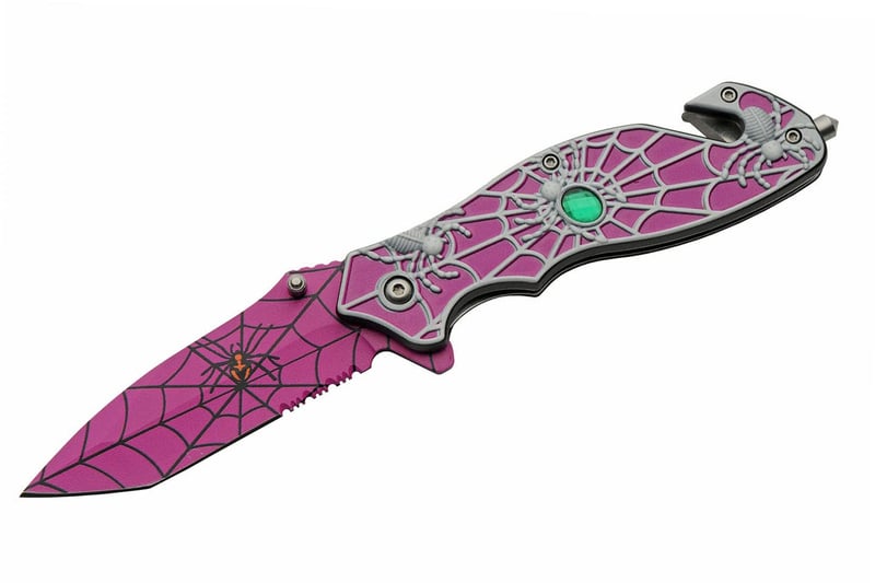 Purple Spider Web Assisted Open Folding Knife - 8” EDC Rescue Tool