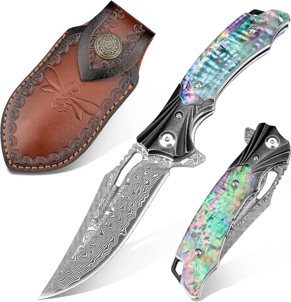 Damascus Folding Pocket Knife with Abalone Handle - EDC Gift