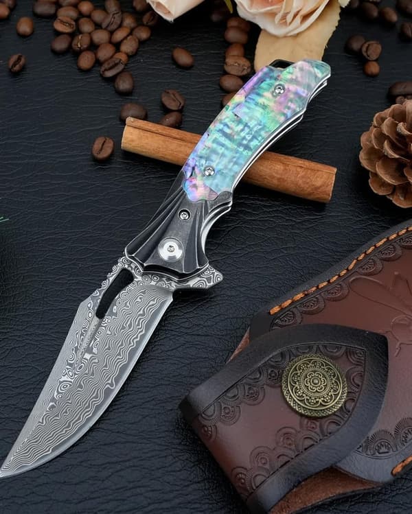 Damascus Folding Pocket Knife with Abalone Handle - EDC Gift