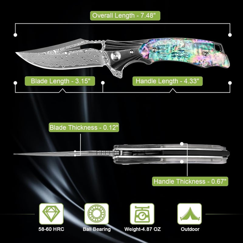 Damascus Folding Pocket Knife with Abalone Handle - EDC Gift