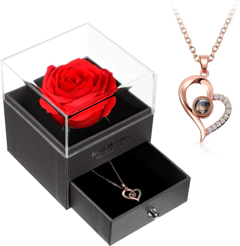 Love You in 100 Languages Pendant Necklace with Red Rose Gift Box