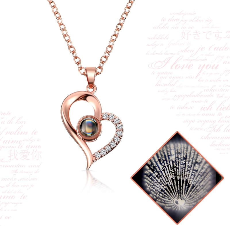 Love You in 100 Languages Pendant Necklace with Red Rose Gift Box