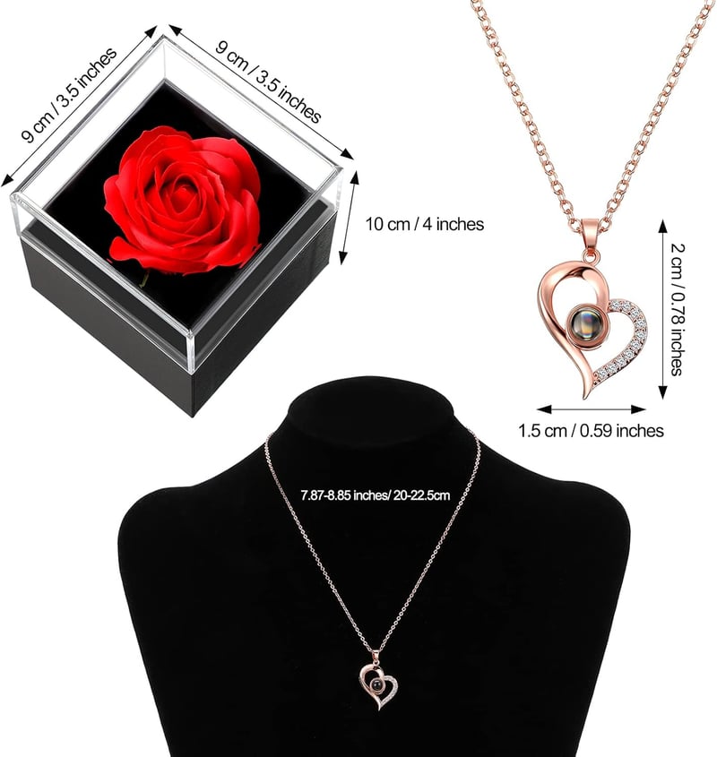 Love You in 100 Languages Pendant Necklace with Red Rose Gift Box
