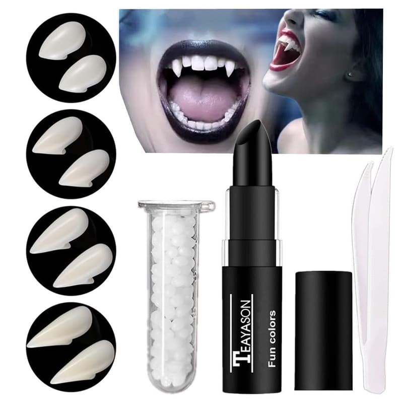 Halloween Vampire Fangs with Adhesive & Black Lipstick Set
