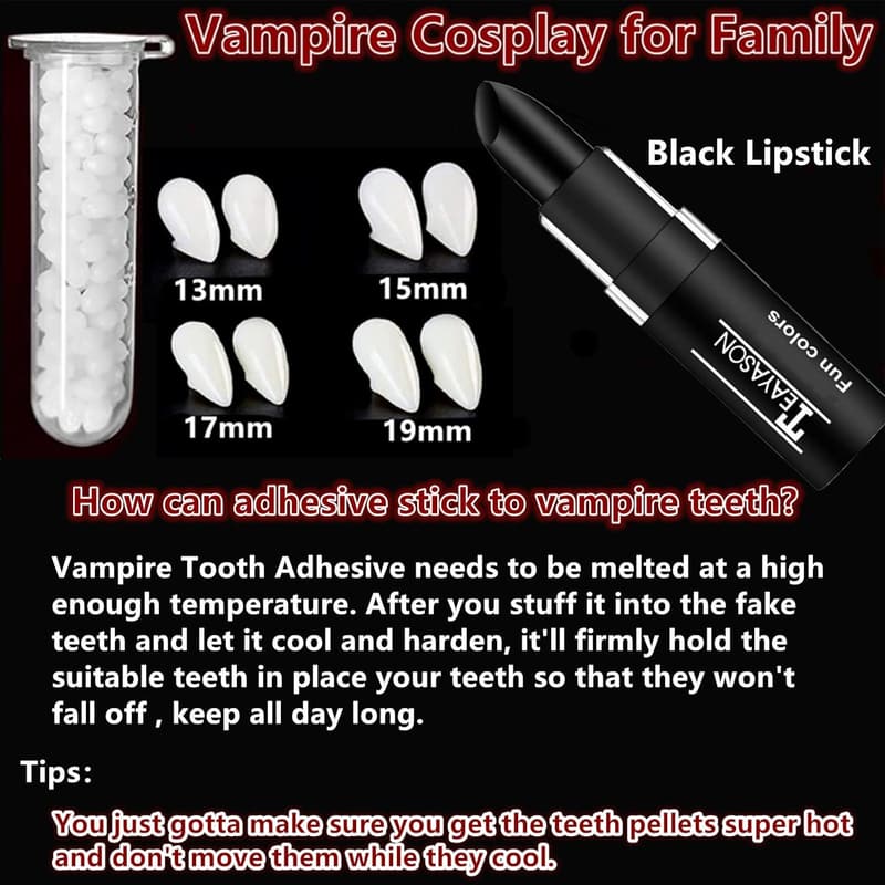 Halloween Vampire Fangs with Adhesive & Black Lipstick Set