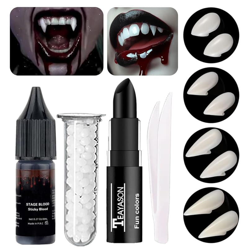 Vampire Fangs Set with Adhesive & Fake Blood for Halloween