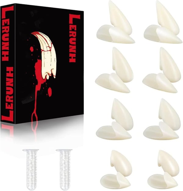 Halloween Vampire Fangs - 8 Pairs with Adhesive and Sizes