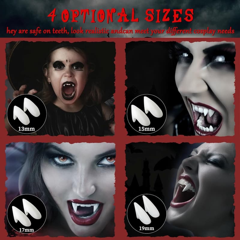 Halloween Vampire Fangs - 8 Pairs with Adhesive and Sizes