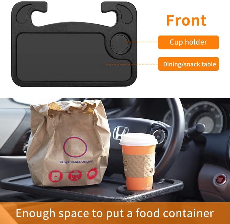 Car Steering Wheel Desk | Food Tray for Travelers | Universal Fit (Black)