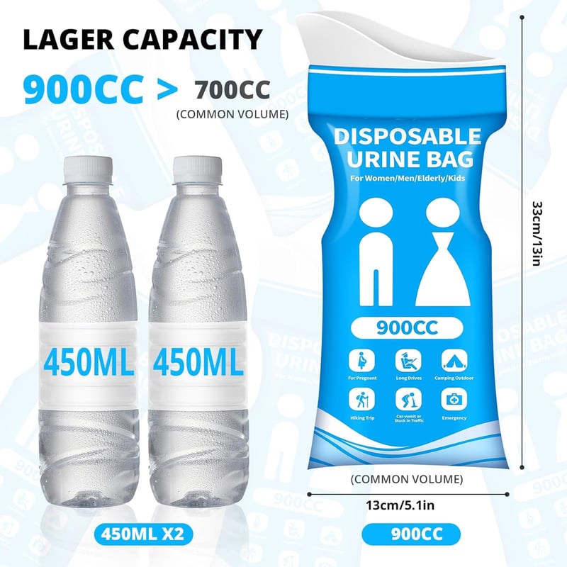 Portable Disposable Urine Bag - 900ML, Ideal for Travel & Emergencies