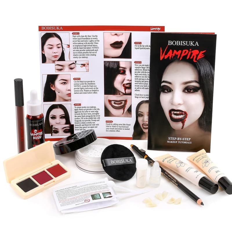 Halloween Vampire Makeup Kit with Fangs, Fake Blood & White Foundation