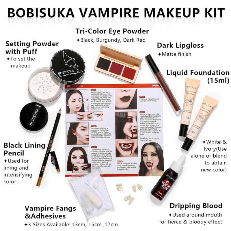 Halloween Vampire Makeup Kit with Fangs, Fake Blood & White Foundation