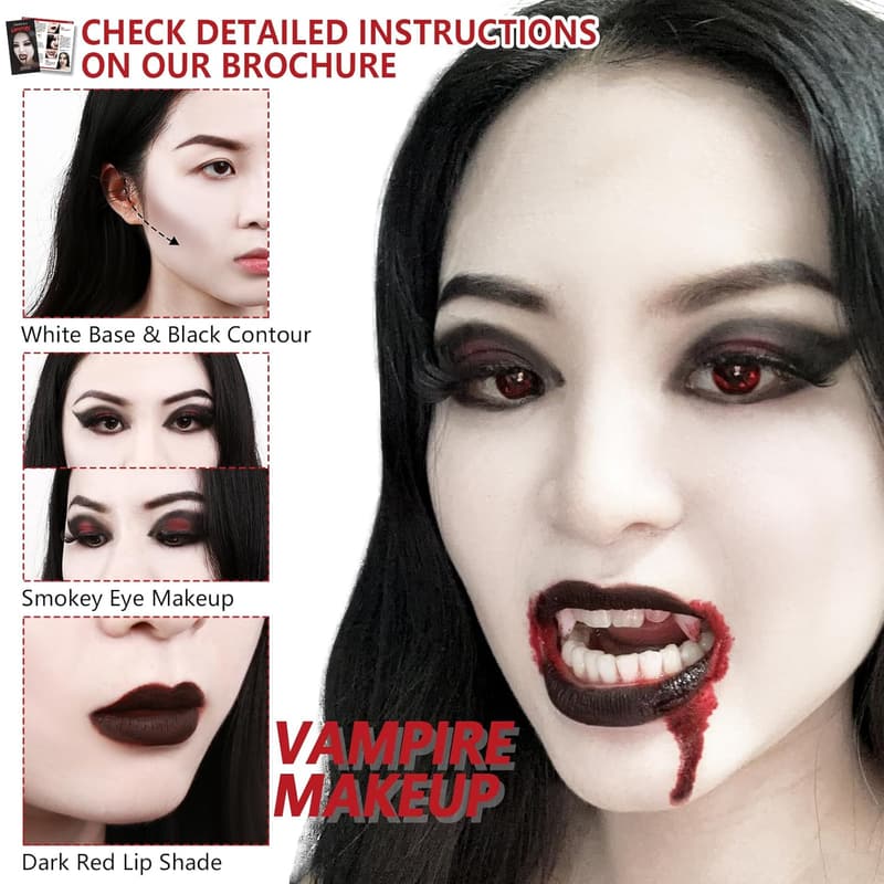Halloween Vampire Makeup Kit with Fangs, Fake Blood & White Foundation