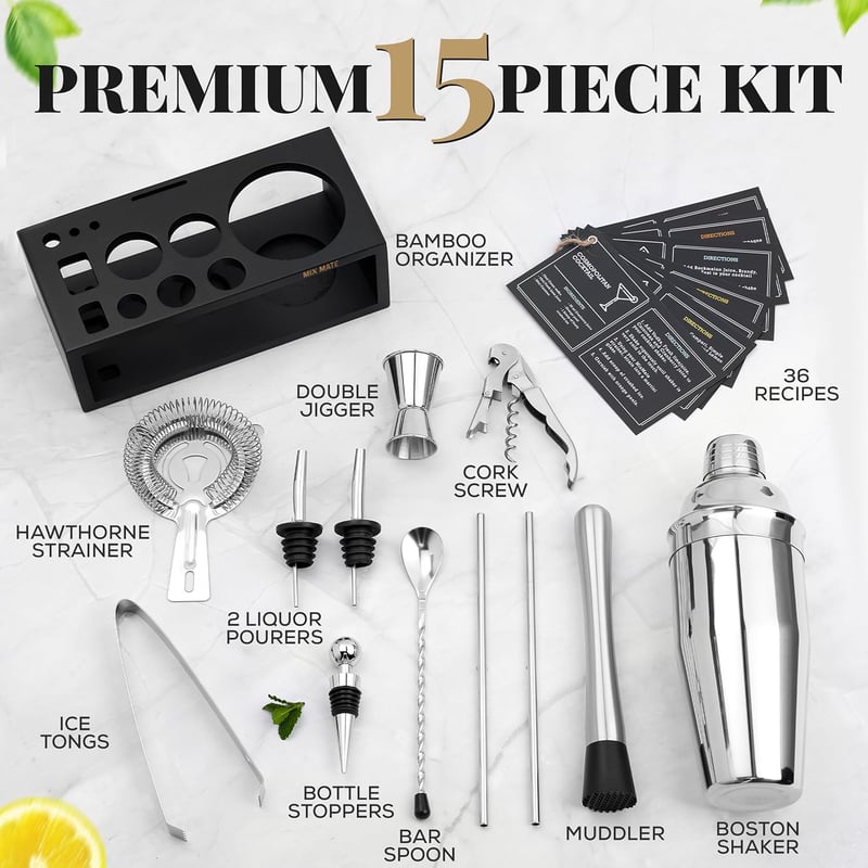 15-Piece Mixology Bartender Kit - Silver Cocktail Shaker Set