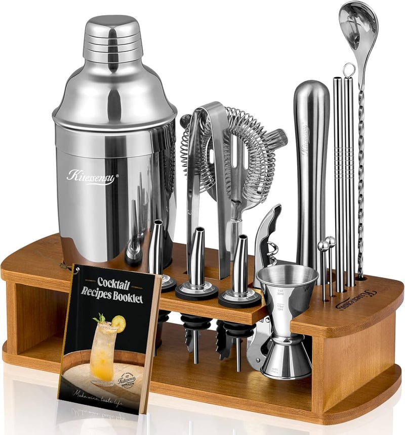 Cocktail Shaker Set with Stand - Essential Bar Tools in Silver