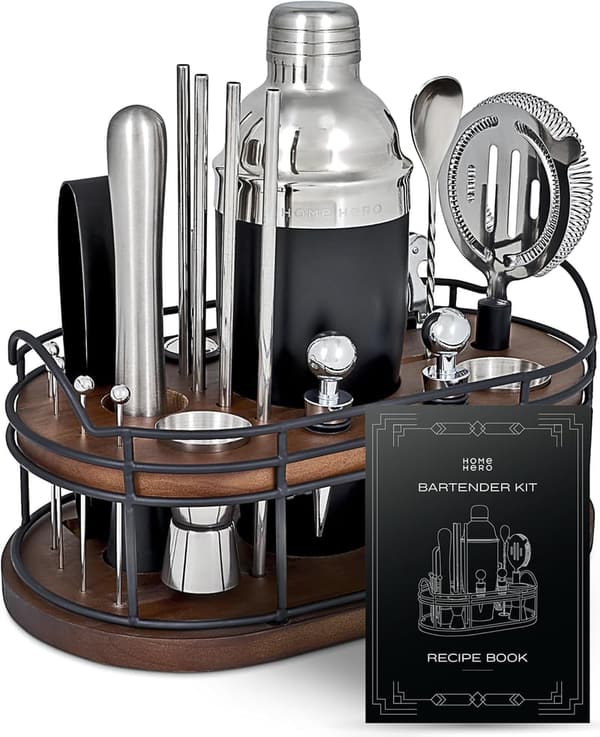 Premium Bartender Kit with Wooden Stand & Recipe Book (22 Pcs)